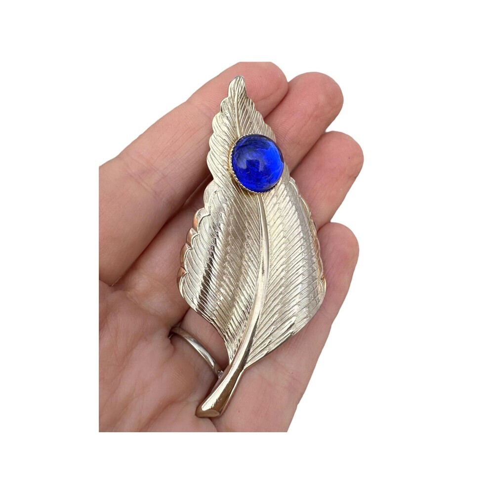 Vintage Silver Tone Feather Brooch Pin with Blue Stone